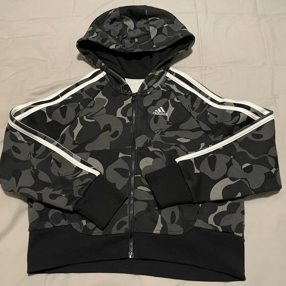 Adidas Black & Gray Camo Jacket Hoodie Loose Fit Kids Size S